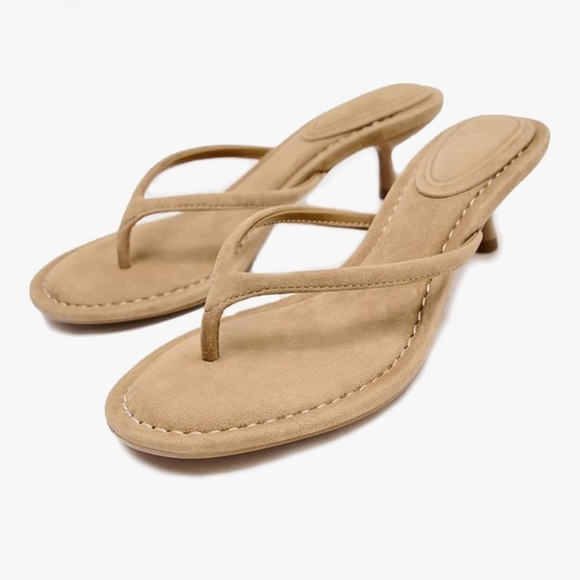 Shoes - Tan Suede Thong Kitten Heels